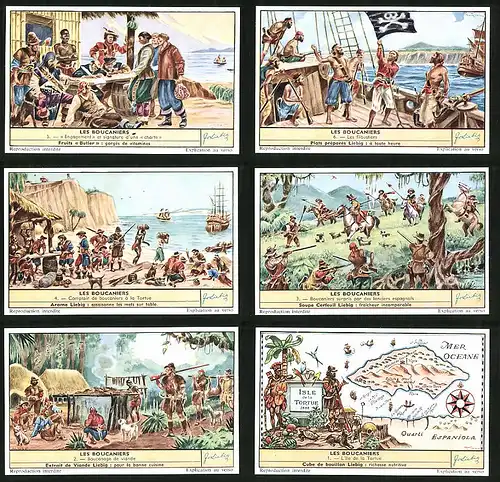 6 Sammelbilder Liebig, Serie Nr. 1684: Les Boucaniers, Piraten, Schiff, Angriff, Pferde, Schatzkarte, Sklaven