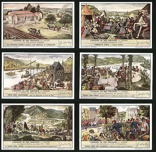 6 Sammelbilder Liebig, Serie Nr. 1550: L`Histoire de nos Provinces Namur, Philippeville, Revolution, Louis XIV, Hafen
