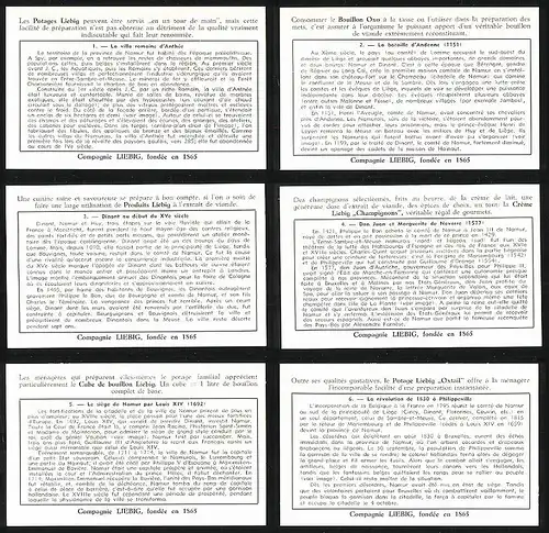 6 Sammelbilder Liebig, Serie Nr. 1550: L`Histoire de nos Provinces Namur, Philippeville, Revolution, Louis XIV, Hafen