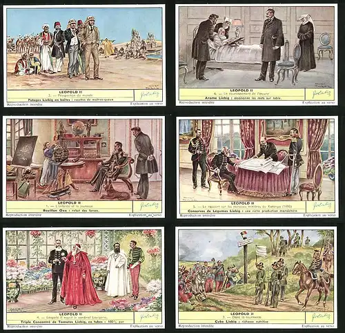 6 Sammelbilder Liebig, Serie Nr. 1714: Leopold II., Leopold, Katanga, Ritter, Pferde, Modellbau