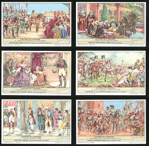 6 Sammelbilder Liebig, Serie Nr. 1658: L`Histoire de L`Espagne, Philippe V., Tunis, Naples, Marie-Christine