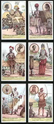 6 Sammelbilder Liebig, Serie Nr. 1626a: Peuplades du Congo Belge, Les Bambala, Les Batutsi, Les Basengele, Les Manabetu