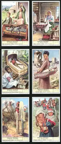 6 Sammelbilder Liebig, Serie Nr. 1665: Berceaux Exotiques, Berceau lapon, Berceau du Far-West, Berceau du Dodécanése