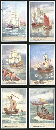 6 Sammelbilder Liebig, Serie Nr. 1582: Les Bateaux a Travers les Ages, La barque des Vikings, La Nef, La Caravelle