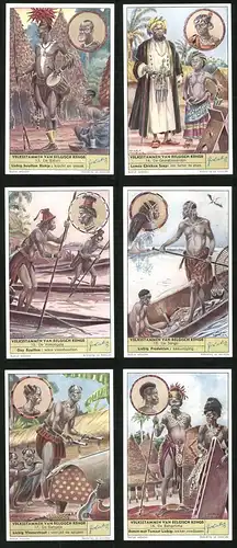 6 Sammelbilder Liebig, Serie Nr. 1626c: Volksstammen van Belgisch Kongo, De Bangelima, De Bangala, De Sango