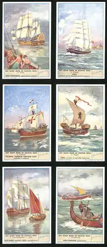 6 Sammelbilder Liebig, Serie Nr. 1582: Het Schip door de eeuwen Heen, Vikingschip, Tjalk, Kogge, Karveel, Klipper