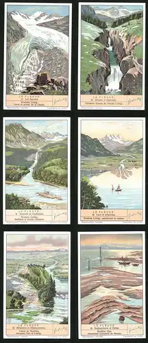 6 Sammelbilder Liebig, Serie Nr. 1353: Le Fleuve, Embouchures et Deltas, Méandres et Déplacements, Lacs et Alluvions