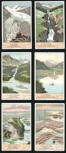 6 Sammelbilder Liebig, Serie Nr. 1353: Le Fleuve, Méandres et Déplacements, Lacs et Alluvions, Torrents et Confluents