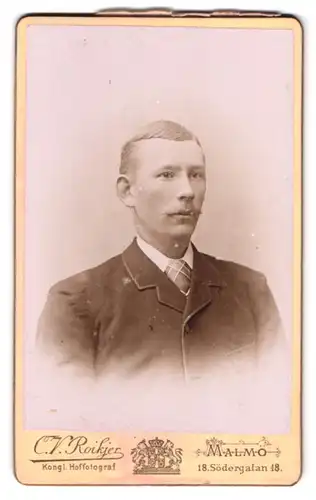 Fotografie C. V. Roikjer, Malmö, Södergatan 18, Portrait Herr im Anzug mit gestreifter Krawatte