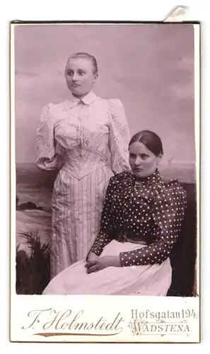 Fotografie F. Holmstedt, Wadstena, Hofsgatan 194, Portrait zwei junge Frauen in Kleidern vor einer Studiokulisse