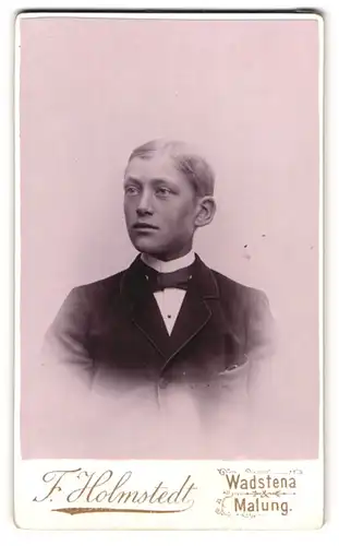 Fotografie F. Holmstedt, Wadstena, Portrait junger Mann im Anzug mit Fliege
