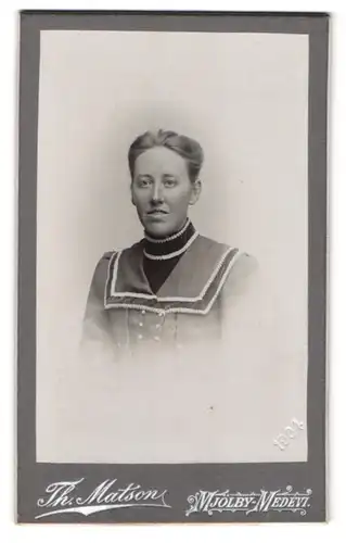 Fotografie Th. Matson, Mjölby, Portrait Dame im bestickten Kleid