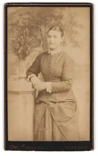 Fotografie Otto Pettersson, Malmö, Stora Torget 8, Portrait Dame im Biedermeierkleid mit Rüschenkragen