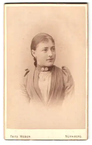 Fotografie Fritz Weber, Nürnberg, St. Johannis-Str. 45, Portrait Frau im Biedermeierkleid mit Brosche