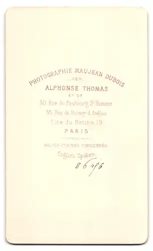 Fotografie Maujean Dubois, Paris, 30 Rue du Faubourg St Honore, junge Dame in Kleid