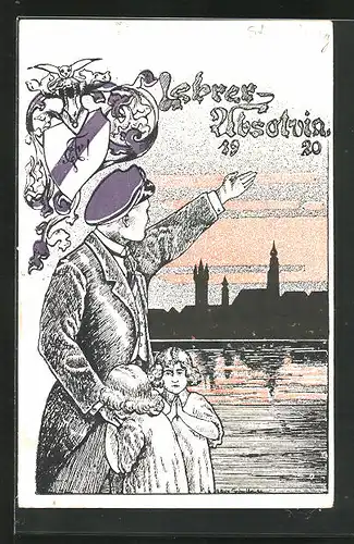Künstler-AK Lehrer-Absolvia 1920, Studentenwappen, Student mit Kindern