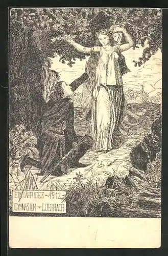 Künstler-AK Loerrach, Einjähriges 1912, Gymnasium, Lorbeer für Knienden