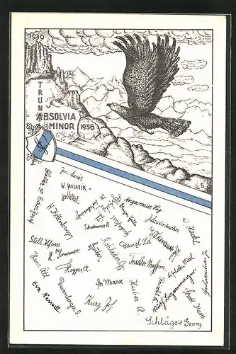 Künstler-AK Traunstein, Absolvia Minor 1936, Adler vor dem Gebirge