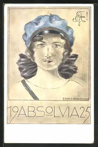Künstler-AK Absolvia 1925, Hübsche Schülerin mit Studentenmütze