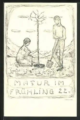 AK Matur im Frühling 1922, Absolvia, Schüler pflanzen ein Bäumchen