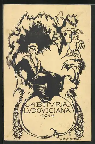 Künstler-AK Abituria Ludoviciana 1914, Schöne Schülerin und Studenten-Putto
