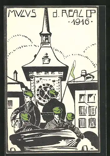 AK Mulus der Real O. P. 1916, Studenten am Uhrturm