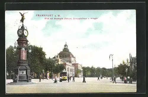 AK Frankfurt a. Main, Blick auf Manskopfs Uhrturm, Schauspielhaus und Anlagen, Strassenbahn