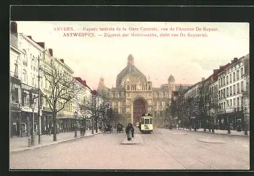 AK Antwerpen, Zijgevel der Middenstatie, zicht van De Keyserlei, Strassenbahn