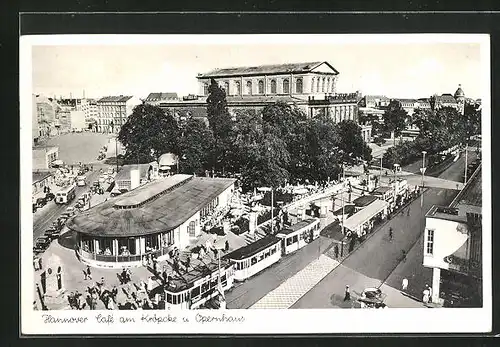 AK Hannover, Cafe Kröpcke und Opernhaus, Strassenbahn