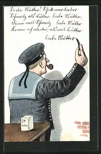 AK Matrose in Uniform mit Mützenband schreibt an eine Wand