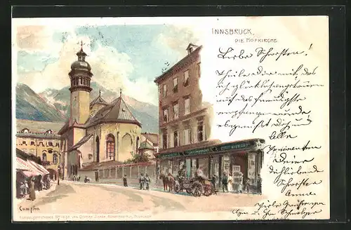 Künstler-AK Edward Theodore Compton: Innsbruck, Strassenpartie mit Geschäft und Hofkirche