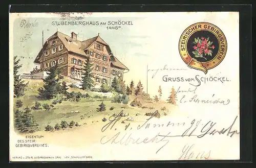 Lithographie Stubenberghaus, Berghütte am Schöckel, Steirischer Gebirgsverein