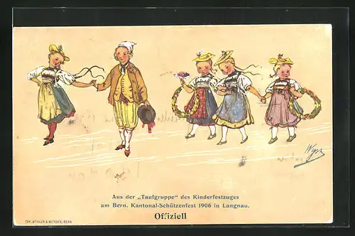 Künstler-AK Langnau, Kantonal-Schützenfest 1906, Aus der Taufgruppe des Kinderfestzuges am Bern