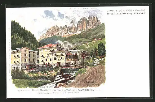 Künstler-AK F.A.C.M. Reisch: Campitello di Fassa, Post-Gasthof Bernard Mulino