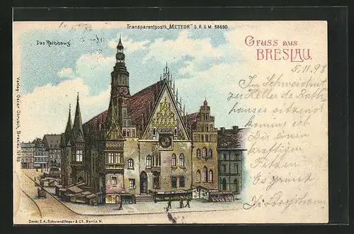 Lithographie Breslau, Das Rathaus, Halt gegen das Licht