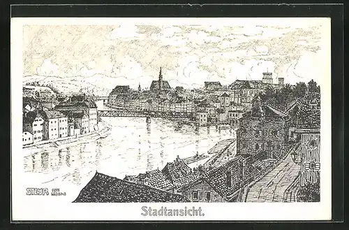 Künstler-AK Steyr /Enns, Stadtansicht mit Fluss