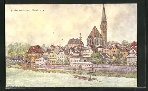 Künstler-AK Steyr, Stadtansicht mit Pfarrkirche