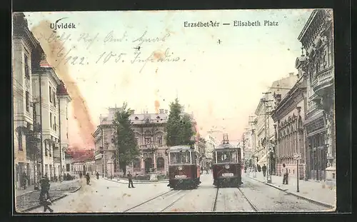 AK Ujvidék, Elisabeth Platz, Strassenbahn