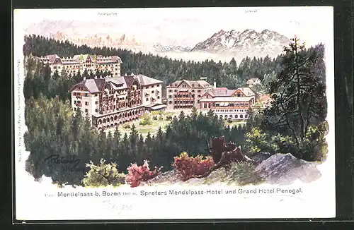 Künstler-AK F.A.C.M. Reisch: Mendelpass b. Bozen, Spreters Mendelpass-Hotel und Grand Hotel Penegal