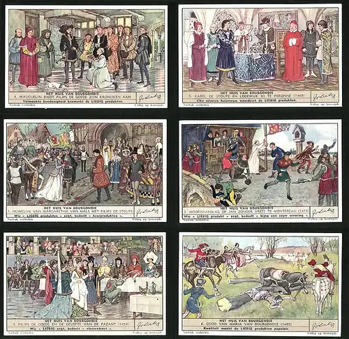 6 Sammelbilder Liebig, Serie Nr. 1513: Het huis van Bourgondie, Mittelalter, Geistliche, Hochzeit