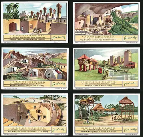 6 Sammelbilder Liebig, Serie Nr. 1348: Habitations singulieres, Colorado, Spanien, Ile Célèbes, Kaukasus, Tunesien