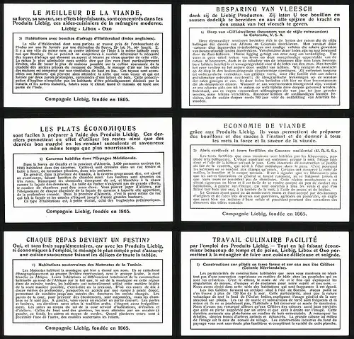 6 Sammelbilder Liebig, Serie Nr. 1348: Habitations singulieres, Colorado, Spanien, Ile Célèbes, Kaukasus, Tunesien