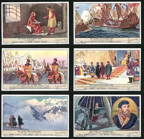 6 Sammelbilder Liebig, Serie Nr. 1431: Het Leven van Marco Polo, Schifffahrt, Mittelalter, Berge