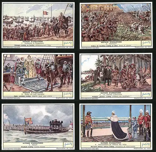 6 Sammelbilder Liebig, Serie Nr. 1631: Histoire d`Angleterre, England, Indianer, Königin, Azincourt