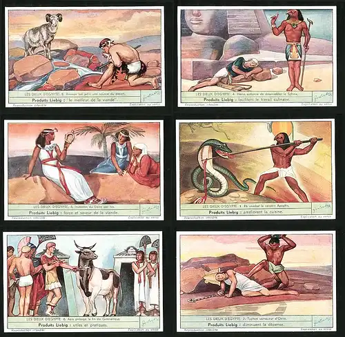 6 Sammelbilder Liebig, Serie Nr. 1374: Les Dieux d`Egypte, Ra, Ammon, Horus, Osiris, Ägypten