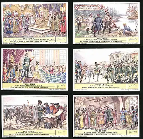 6 Sammelbilder Liebig, Serie Nr. 1575: Peter de Grote, Russland, St. Petersburg, Katharina, Krönung