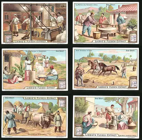 6 Sammelbilder Liebig, Serie Nr. 706: Das Brot, Pompeji, Kaukasus, Chile, Abessinien, China, Dampfbrotbäckerei