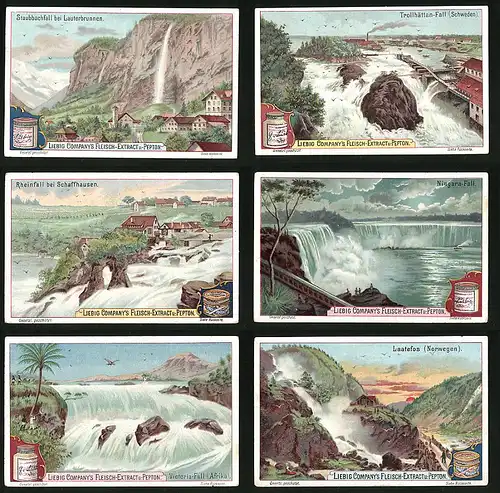 6 Sammelbilder Liebig, Serie Nr. 583: Laatefos, Victoria-Fall, Niagara-Fall, Rheinfall, Trollhättan-Fall, Staubbachfall