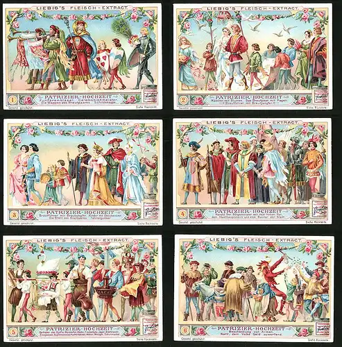 6 Sammelbilder Liebig, Serie Nr. 827: Patrizier-Hochzeit, Beschenkung von Armen, Tanzen, Jäger, Fischerbube, Bierbrauer