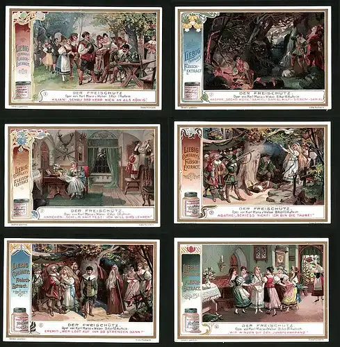 6 Sammelbilder Liebig, Serie Nr. 676: Der Freischütz, Oper von Karl Maria v. Weber, Schütze, Taube, Tanzen